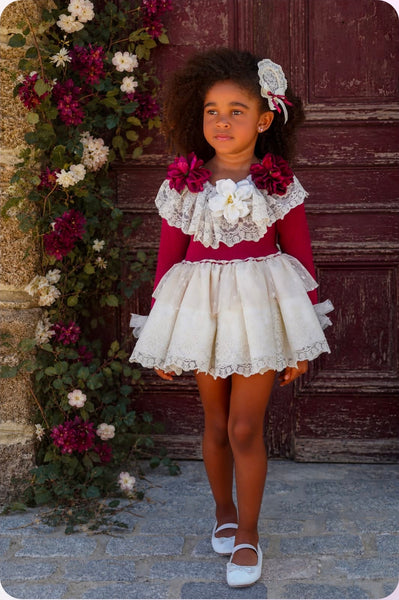 Ela Confeccion AW26 Spanish Girls Burgundy Knitted Puffball Dress - MADE TO ORDER