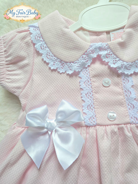 Spanish Girls Pink Waffle Bow & Lace Dress 0499 ~ 12-24m