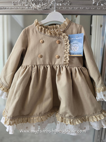 Ceyber AW25 Spanish Girls Camel & White Dress with Lace B2555 ~ 12m-8y