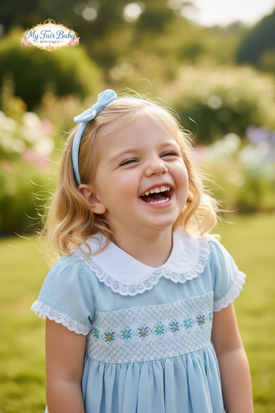 Mabini Traditional Girls Blue Smocked Daisy Dress Set MB7237