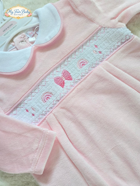 Traditional Baby Girls Pink Smocked Rainbow Velour Sleepsuit/Babygrow ~ 0-6m