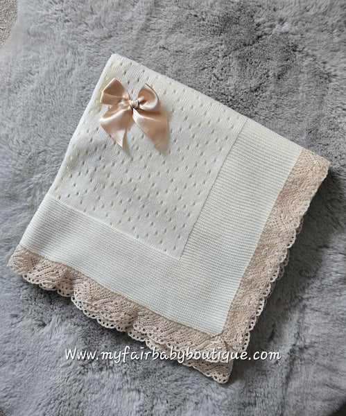 Spanish Unisex Baby Cream & Beige Lace Bow Shawl / Blanket