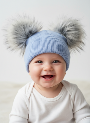 Baby Boys Blue & Grey Double Fur Pom Pom Winter Hat ~0-3y