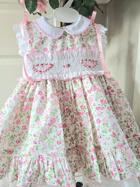 Sonata Infantil SS26 Girls Multi Floral Smocked Heart Dress VE2617 ~ MADE TO ORDER