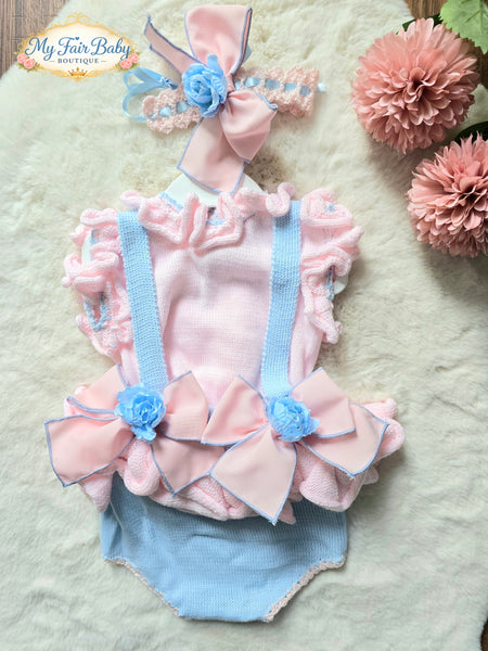 Ela Confeccion SS26 Girls Pink & Blue Knitted Romper - MADE TO ORDER