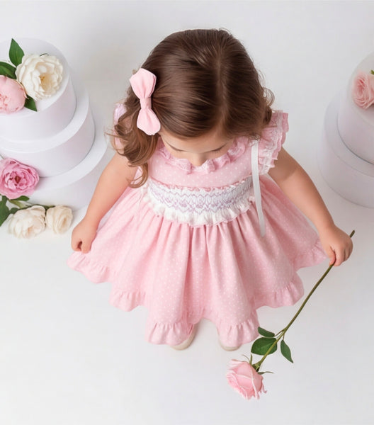 Sonata Infantil SS26 Girls Pink Polkadot Smocked Puffball Dress VE2630 ~ MADE TO ORDER