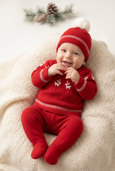 Spanish Baby Boys Red Knitted Reindeer 3pc Trouser Set  ~ NB-9m