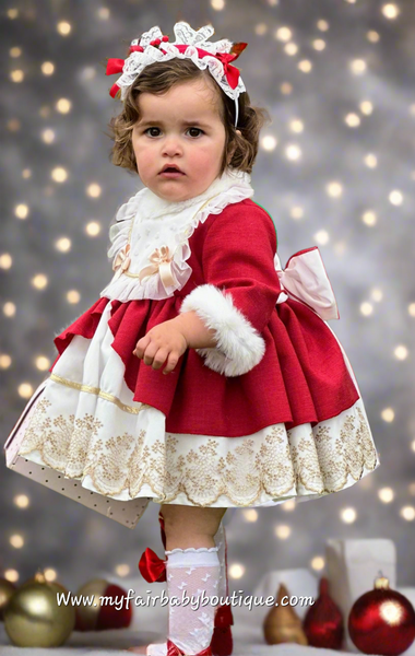 Sonata Infantil AW25 Spanish Girls Red & Gold Lace Christmas Puffball Dress IN2512 ~ MADE TO ORDER