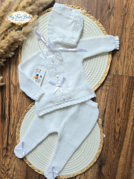 Spanish Creaciones Gavidia Unisex Baby White Knitted 3pc Lace Set 2124