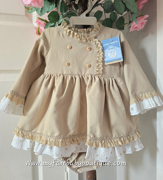 Ceyber AW25 Spanish Girls Camel & White Dress with Lace B2555 ~ 12m-8y