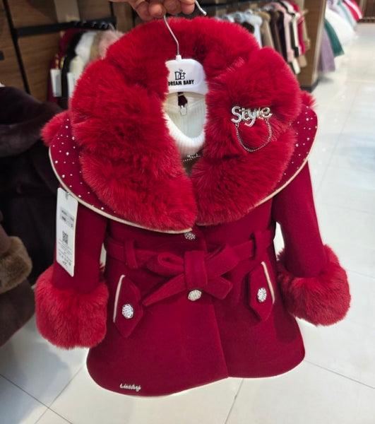 Traditional Girls Red Fur Trimmed Winter Coat & Dress Set ~ 2-11y