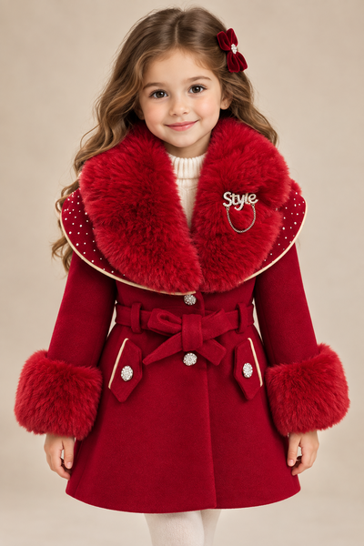 Traditional Girls Red Fur Trimmed Winter Coat & Dress Set ~ 2-11y