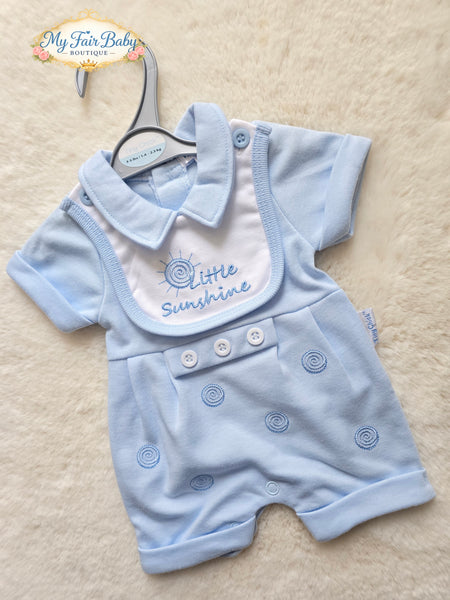 Traditional Baby Boys Blue Little Sunshine Romper With Detachable Bib - Prem & NB