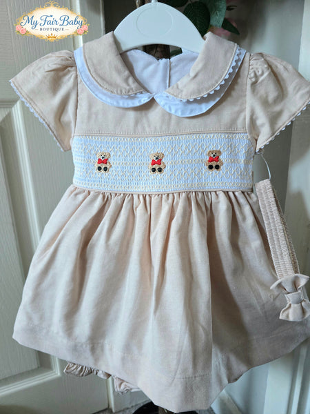 Mabini Traditional Girls Cream Smocked Teddy Dress Set