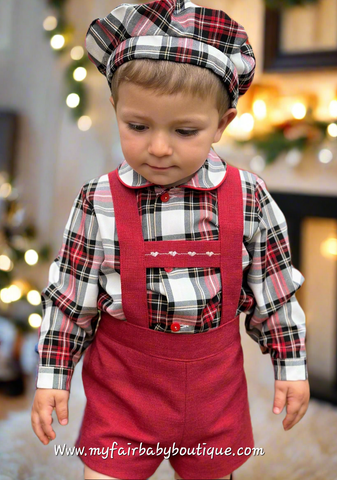Sonata Infantil AW25 Spanish Baby Boys Red Dungaree & Tartan Shirt Set IN2507 - MADE TO ORDER