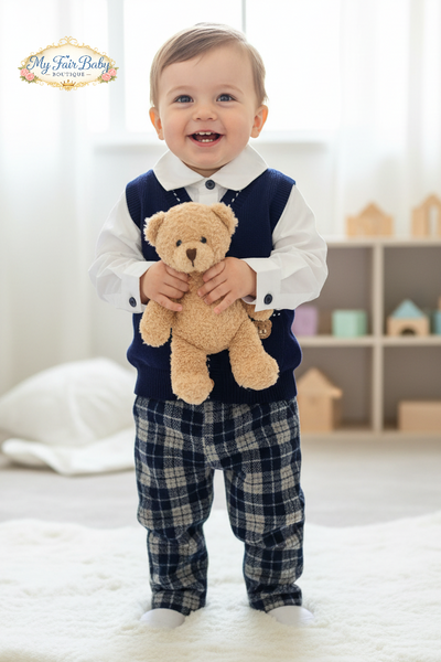 Beau Kid Traditional Boys Navy Check Trouser 3pc Set 2821