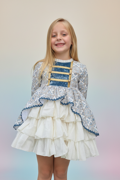 Spanish Girls Teal Green Mosaic Puffball Dress - 4y