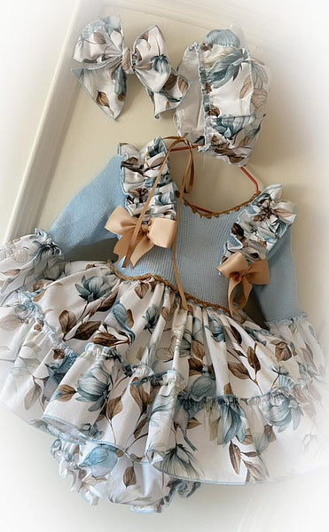 Ela Confeccion AW25 Spanish Girls Blue Floral Puffball Dress - MADE TO ORDER