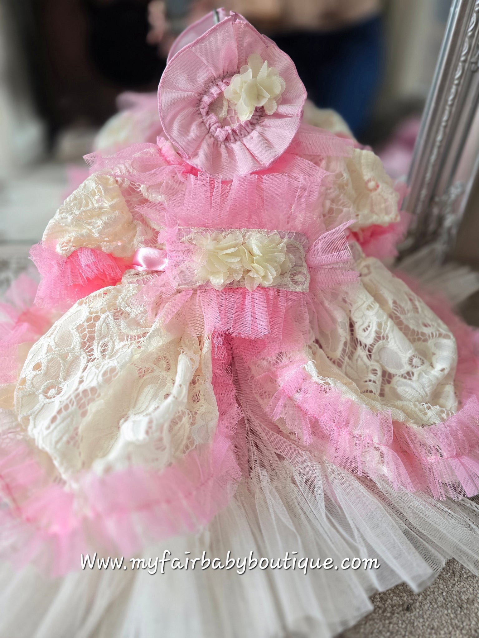 Ela Confeccion SS25 Spanish Girls Pink & Cream Tulle & Lace Puffball Dress ~ IN STOCK NOW