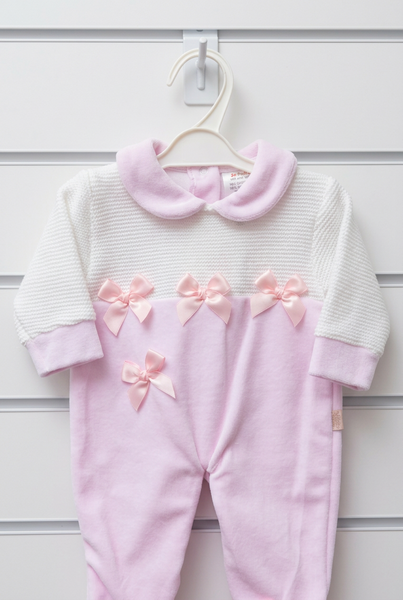Spanish Baby Girls Pink Half-knit Bow Velour Sleepsuit/Babygrow ~ 1-12m
