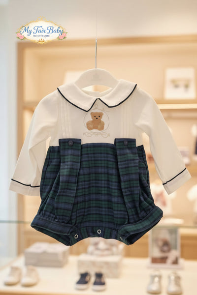 Beau Kid Traditional Baby Boys Green Tartan Teddy Romper 2413a ~ 0-24m