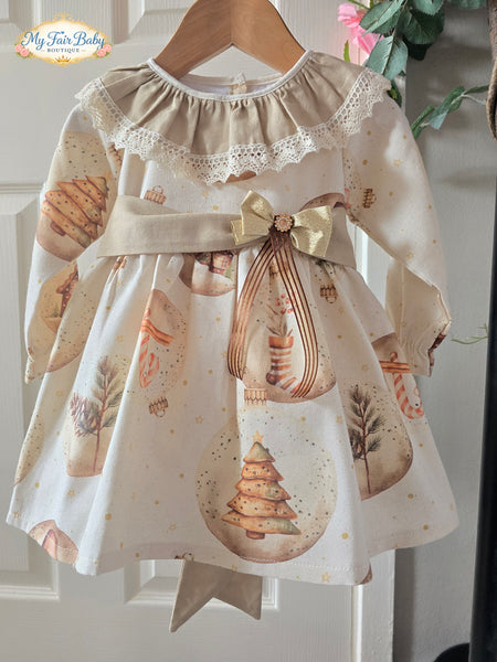 Traditional Girls Cream & Gold Printed Christmas Dress ~ 1-6y