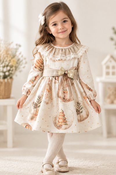 Traditional Girls Cream & Gold Printed Christmas Dress ~ 1-6y