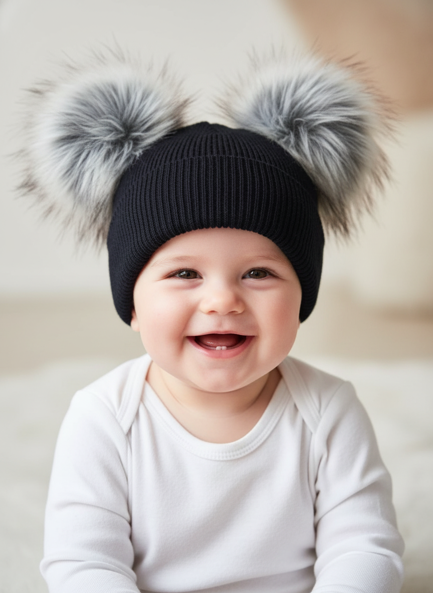 Unisex Boys/Girls Black Double Fur Pom Pom Winter Hat ~ 2-3y