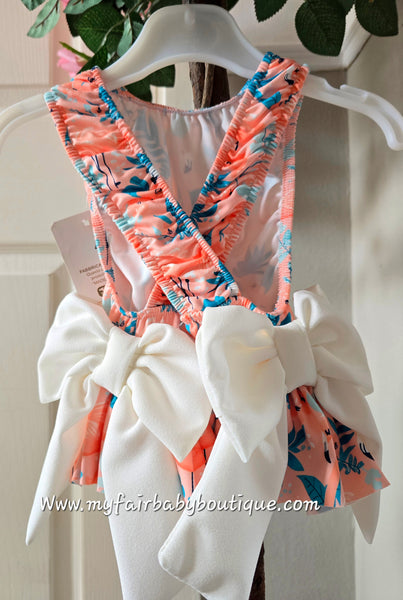 Girls Peach Flamingo Print Bow Swimsuit ~ 2-12y