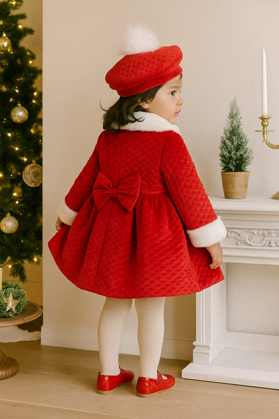 Sonata Infantil AW25 Spanish Girls Red Velvet Fur Trimmed Winter Coat & Beret NA2506 - 24m ~ IN STOCK NOW