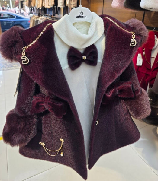 Traditional Girls Burgundy Fur Winter Coat & Dress Set ~ 2-11y