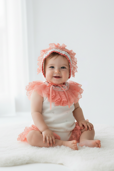 Ela Confeccion Spanish Baby Girls Orange Lace Knitted 3pc Set - 12m