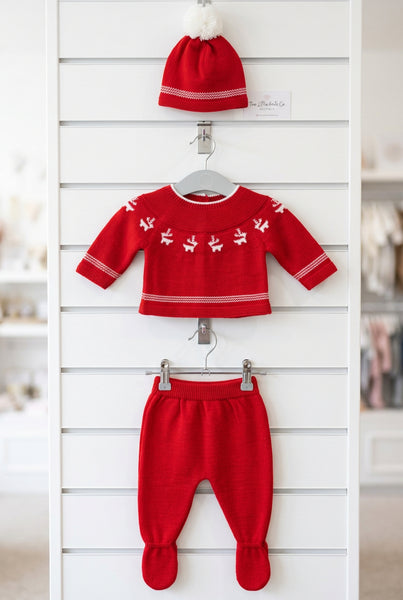 Spanish Baby Boys Red Knitted Reindeer 3pc Trouser Set  ~ NB-9m