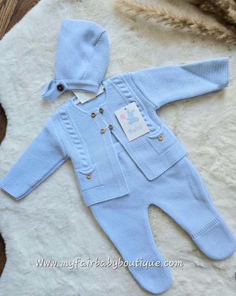 Spanish Baby Boys Blue Knitted Trouser & Cardigan 3pc Set C3035