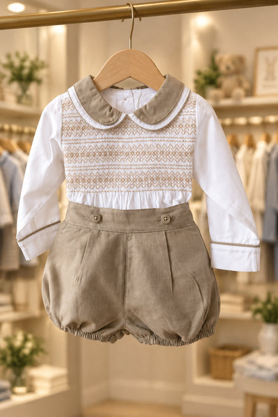Mabini Traditional Boys Camel Smocked Short Set 2727 ~ 0-4y
