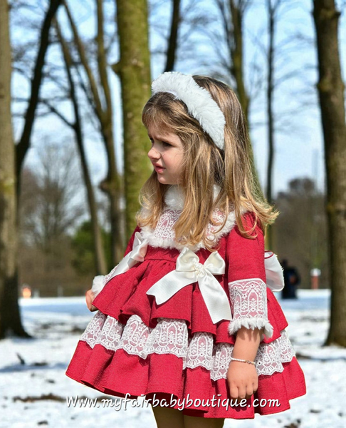 Sonata Infantil AW25 Spanish Girls Red Lace & Fur Puffball Dress IN2506 ~ MADE TO ORDER
