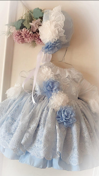 Ela Confeccion SS26 Girls Blue Lucia Lace Puffball Dress - MADE TO ORDER