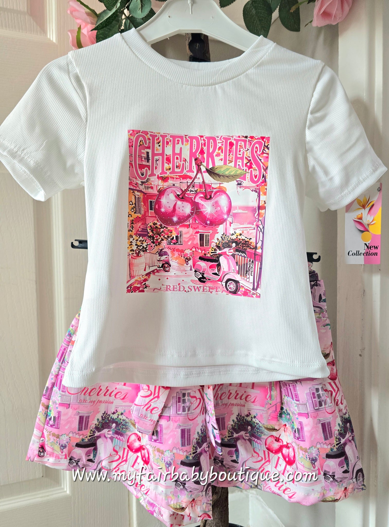 Older Girls Pink Cherries Print Top, Shorts & Bag Set ~ 4-14y
