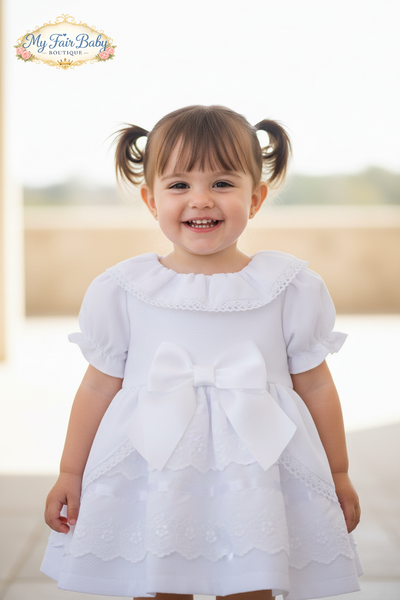 Spanish Baby Girls White Waffle Bow & Lace Dress ~ 3-36m
