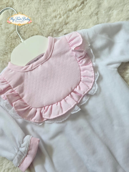 Spanish Baby Girls White & Pink Frill Velour Sleepsuit/Babygrow ~ NB-6m