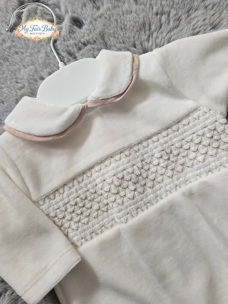 Spanish Baby Boys Cream & Camel Smocked Velour Sleepsuit/Babygrow