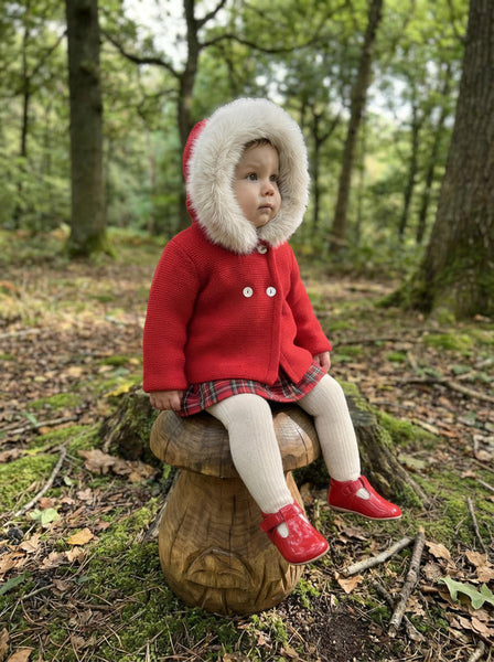 Traditional Unisex Baby Red Fur Trimmed Knitted Jacket