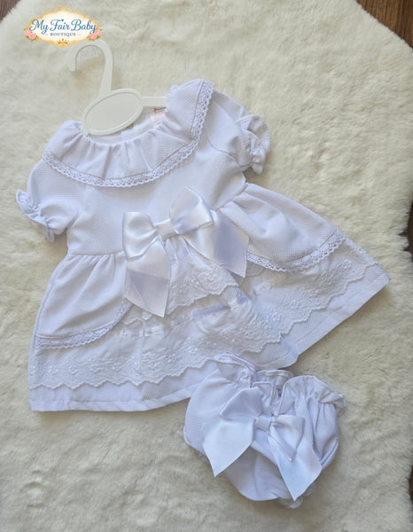 Spanish Baby Girls White Waffle Bow & Lace Dress ~ 3-36m