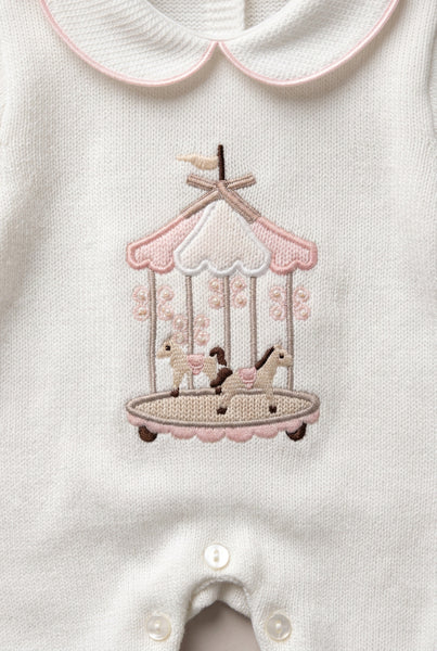 Spanish Baby Girls White & Pink Knitted Carousel Sleepsuit/Babygrow 5798 ~ 1-6m
