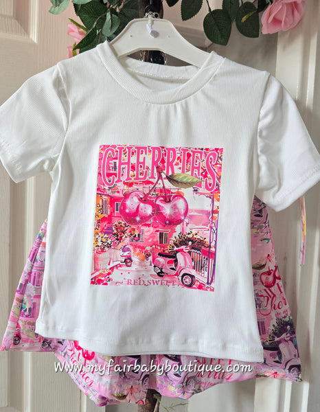 Older Girls Pink Cherries Print Top, Shorts & Bag Set ~ 4-14y