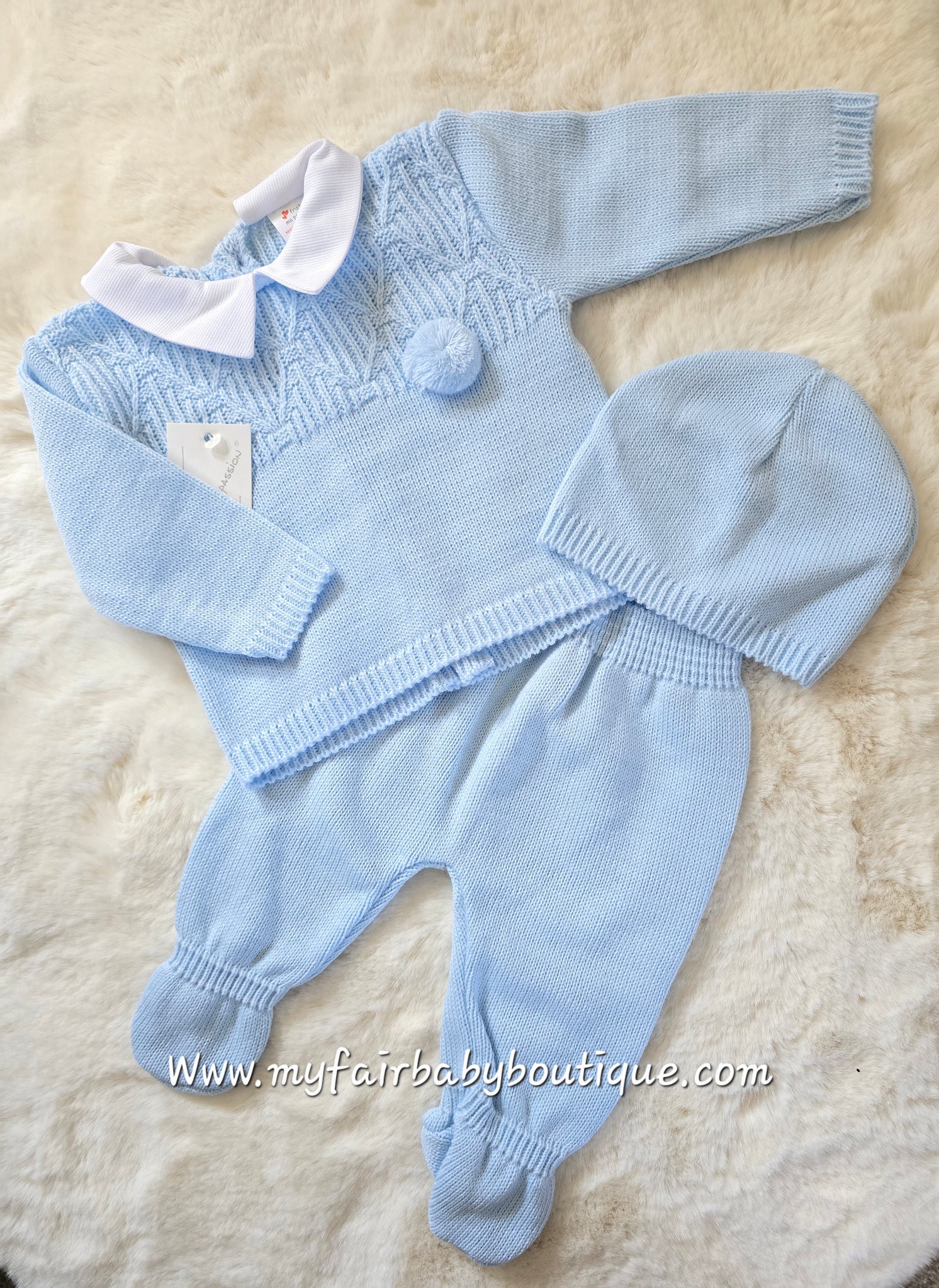 Spanish Baby Boys Blue Knitted 3pc Set ~ 0-3m