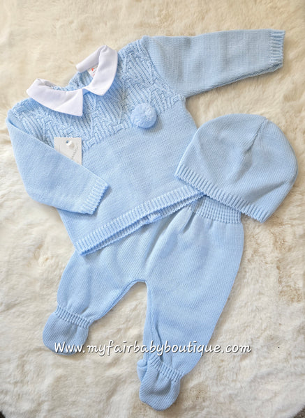 Spanish Baby Boys Blue Knitted 3pc Set ~ 0-3m