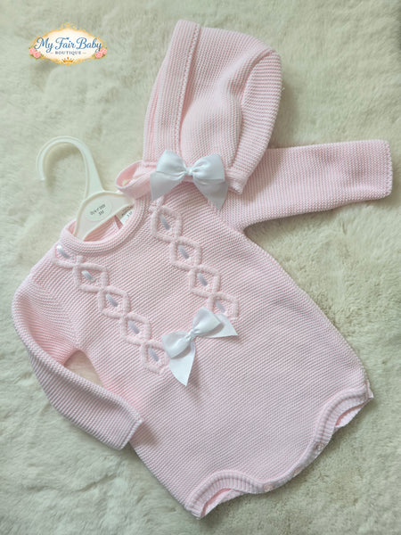 Spanish Baby Girls Pink Knitted Romper & Bonnet 3859~ 3-24m