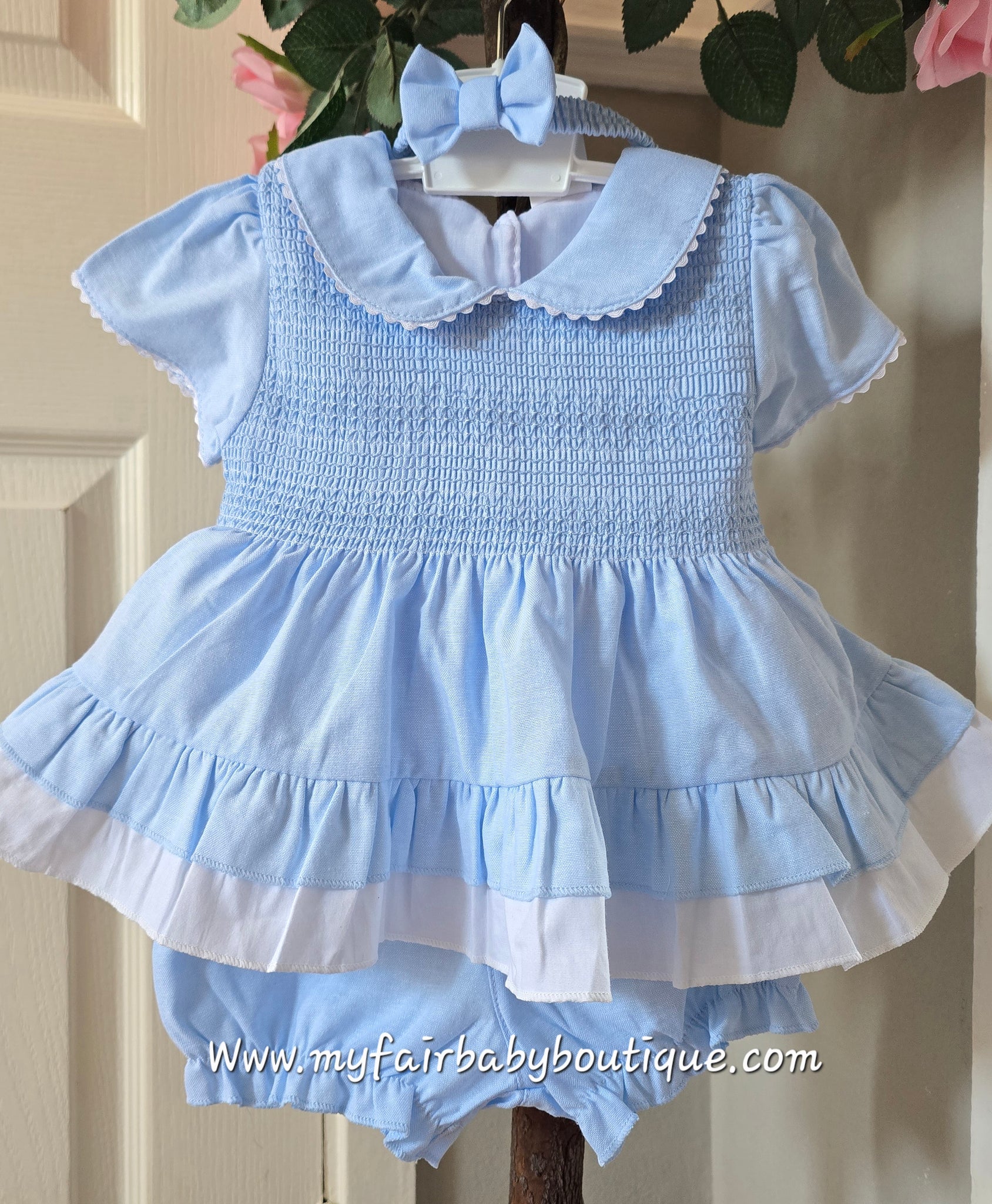 Mabini Baby Girls Traditional Blue Smocked Cotton Dress Set 2513 -  0-12m