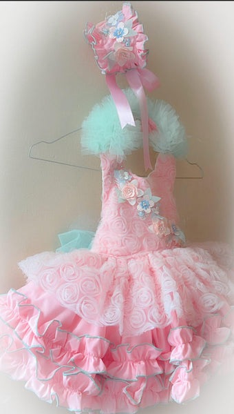 Ela Confeccion SS26 Girls Pink & Green Tulle Madeleine Puffball Dress - MADE TO ORDER
